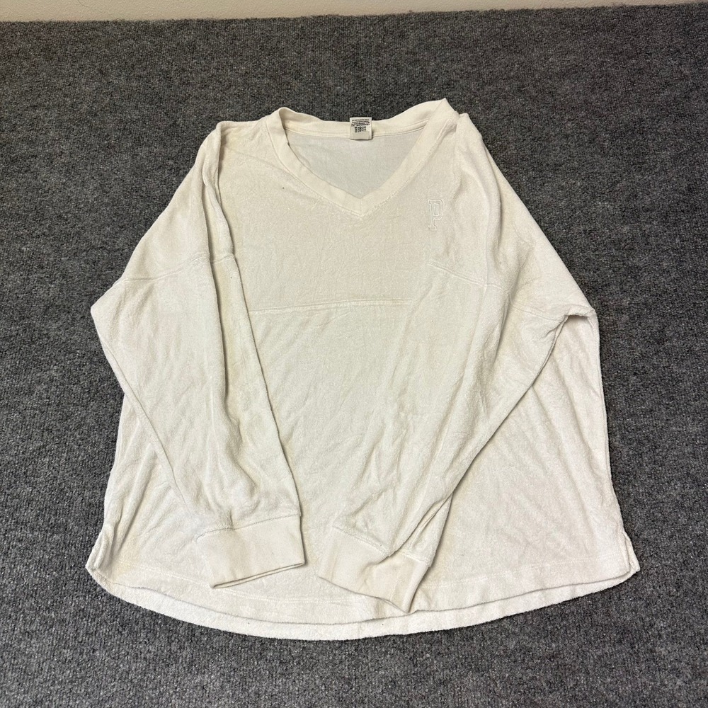 PINK Long Sleeve Top Womens Size L White Terry Cloth V-Neck Oversized Pullover